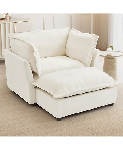 Rainsken Modern Single Sofa with Movable Ottoman, 47" Cozy Upholstered Chair Wide Seat, Curved Armrests and Soft Pillows for Living Room