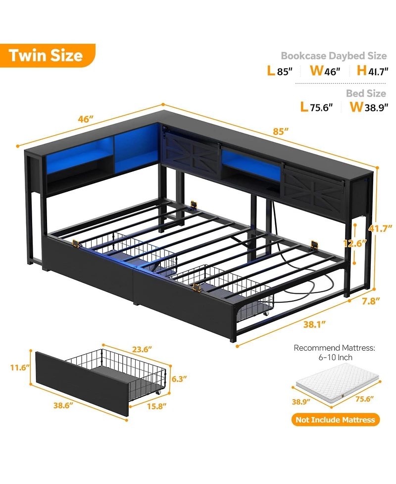 Aheaplus Bookcase Daybed with Wood Drawer, Corner Bed Frame Sliding Door