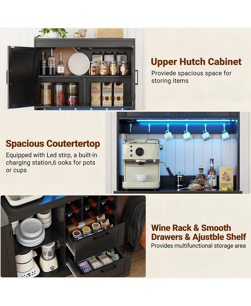 Aheaplus 31.5-Inch Kitchen Pantry with Charging Station, Coffee Wine Bar Cabinet