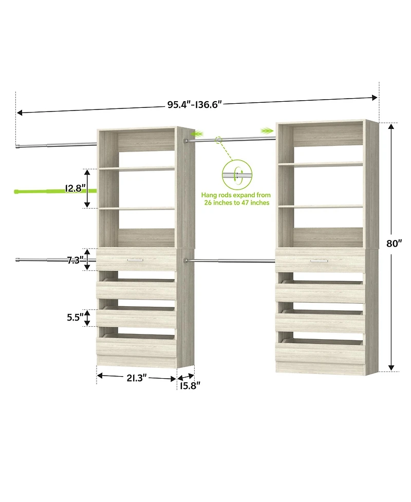 Aheaplus Closet System with 8 Wooden Drawers and 4 Hanging Rods, Organizer