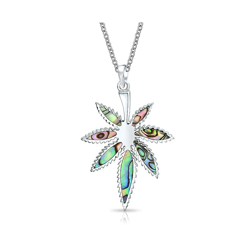 Bling Jewelry Large Rainbow Abalone Shell Inlay Marijuana Leaf Dangle Pendant Necklace Sterling Silver With Chain