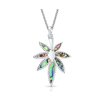 Bling Jewelry Large Rainbow Abalone Shell Inlay Marijuana Leaf Dangle Pendant Necklace Sterling Silver With Chain