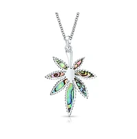 Bling Jewelry Large Rainbow Abalone Shell Inlay Marijuana Leaf Dangle Pendant Necklace Sterling Silver With Chain