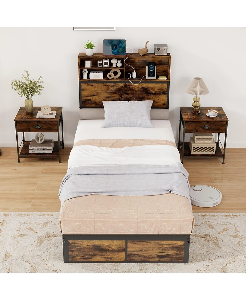 Slickblue Modern Metal Platform Bed with Storage Headboard for Bedroom