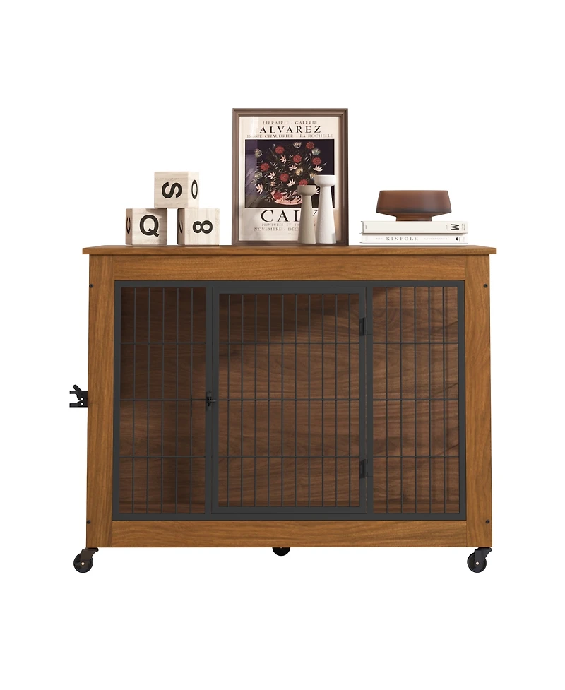 Streamdale Furniture 38.6" Wooden Dog Crate Furniture with Wheels and Double Doors