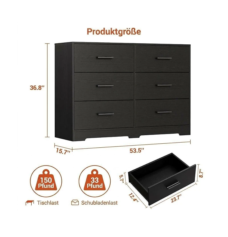 homfan 6-Drawer Modern Dresser Chest with Metal Handles, Wide Wooden Storage Cabinet Tv Stand for Bedroom, Living Room, Hallway