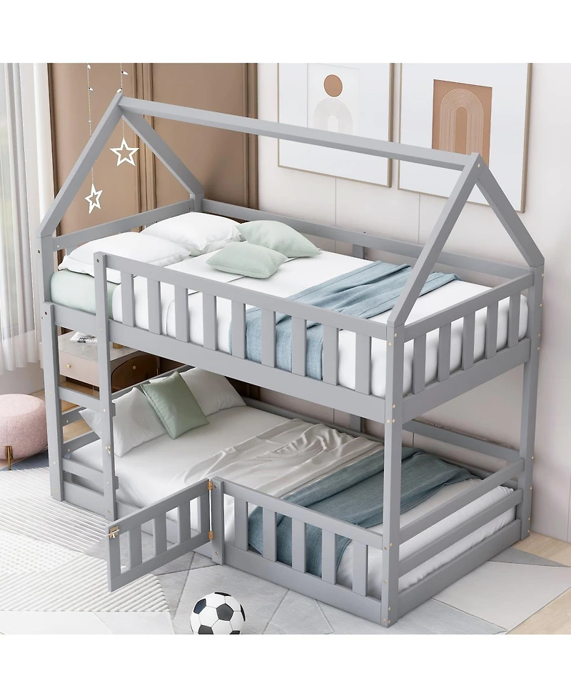 Streamdale Furniture Twin over Twin House Bunk Bed with Fence and Door