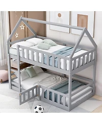 Streamdale Furniture Twin over Twin House Bunk Bed with Fence and Door