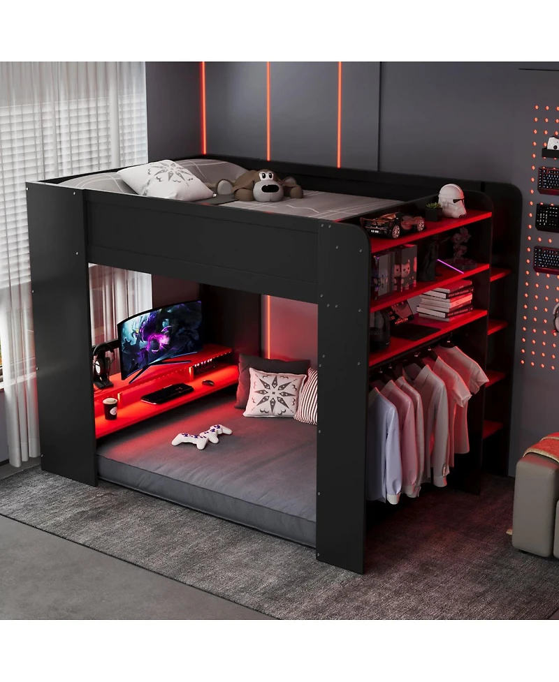 Streamdale Furniture Wood Bunk Bed with Desk, Wardrobe, Storage, Rgb Light