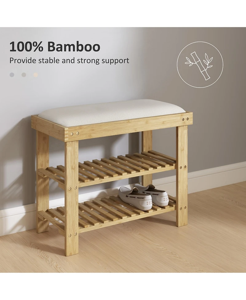Homcom Bamboo Shoe Bench, Entryway Bench with Storage and Cushion