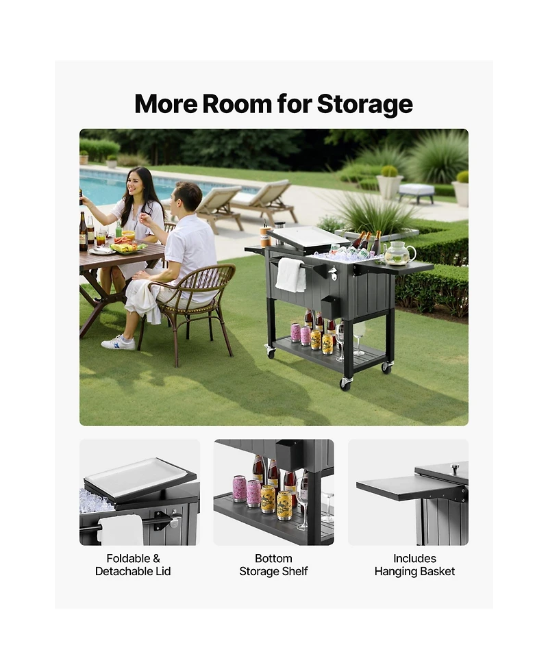 Cozito 80QT Rolling Ice Chest Cart with Bottom Shelf and Foldable Side Shelves