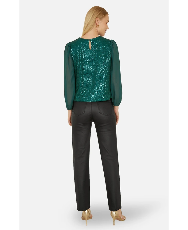 Yumi Women's Sheer Sleeve Sequin Top