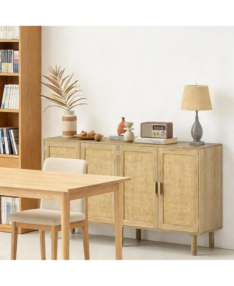 Clihome 62.2" Natural Rattan Storage Cabinet, 2-Door Sideboard Buffet Coffee Bar Cabinet