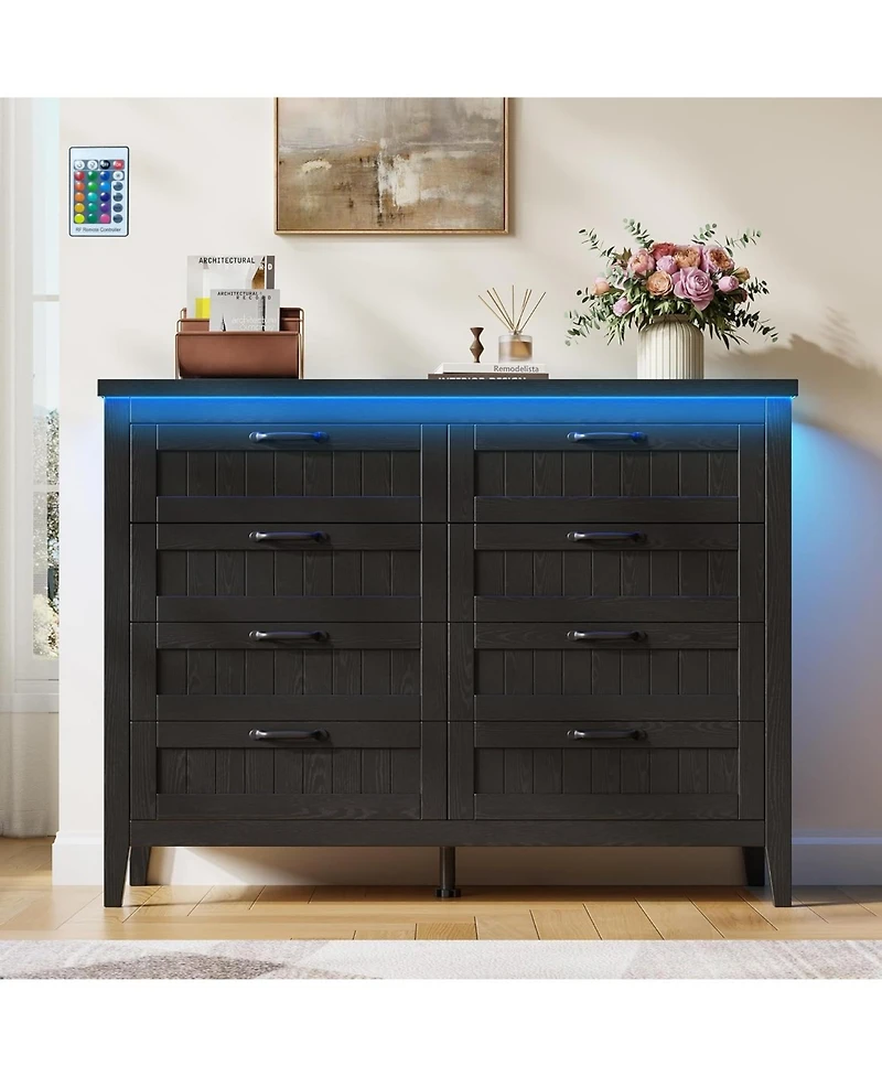 gaomon Farmhouse 5 Drawer Dresser with Charging Station and Led Lights, Slim Wooden Bedroom Dresser