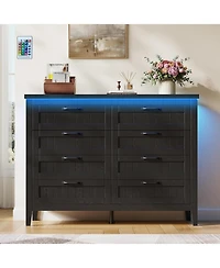 gaomon Farmhouse 5 Drawer Dresser with Charging Station and Led Lights, Slim Wooden Bedroom Dresser