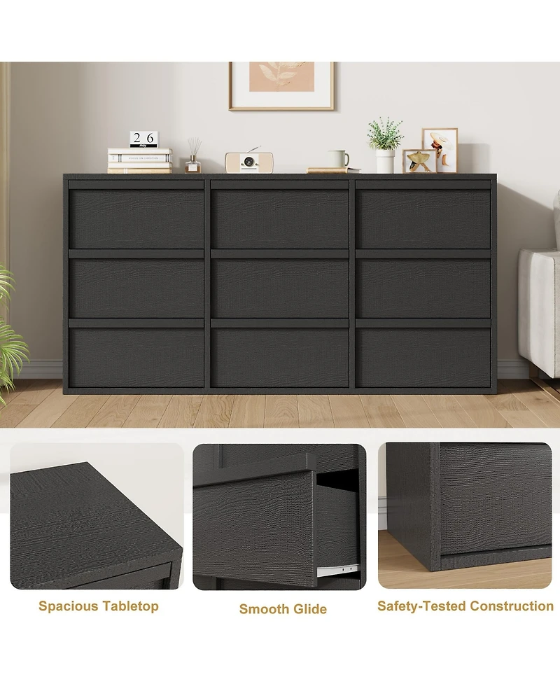 gaomon 9 Dresser for Bedroom, 58.7" Wide Dresser, Freestanding Horizontal Drawer with Storage, Wooden Closet Chest Storage Living Room,Hallway