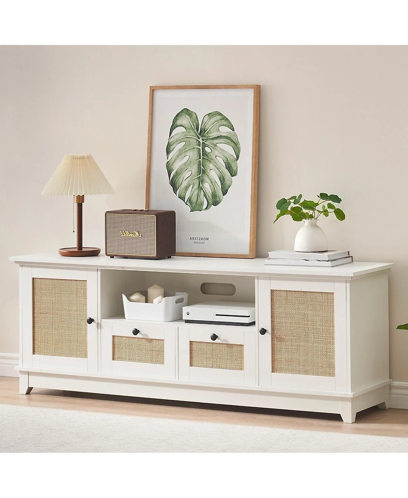 gaomon Rattan Tv Stand Media Center with 2 Drawers and 2 Cabinets with Adjustable Shelf Tv Media Console Cabinet for Living Room