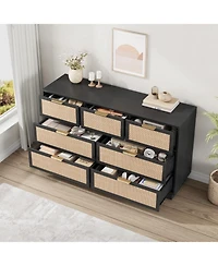gaomon Farmhouse Rattan Tv Stand for 75 Inch Tv, Wooden Media Entertainment Center with 7 Storage Drawers