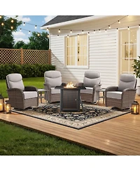 Pocassy 7 Pieces Outdoor Patio Furniture Set with Fire Pit Table,Outside Pe Wicker Swivel Rocking Chairs and Coffee Side Table