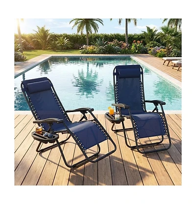 gaomon Set of 2 Blue Reclining Lounge Chairs, Heavy Duty Folding Patio Chairs with Pillow and Cup Holder for Pool, Beach, Backyard