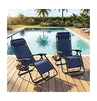 gaomon Set of 2 Blue Reclining Lounge Chairs, Heavy Duty Folding Patio Chairs with Pillow and Cup Holder for Pool, Beach, Backyard