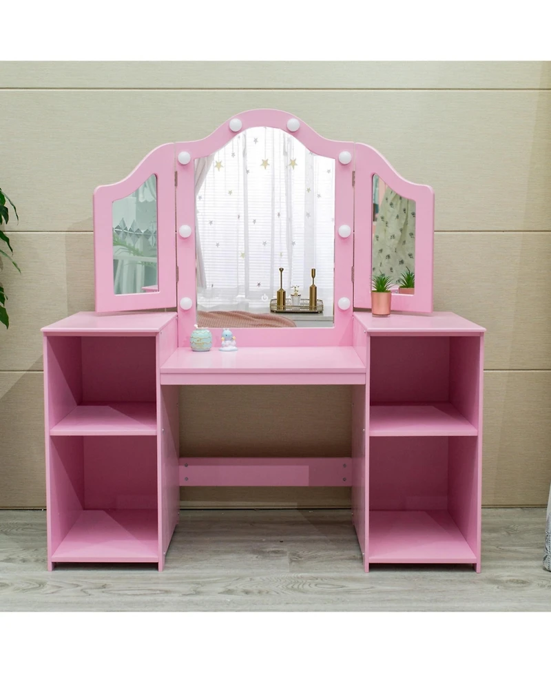 gaomon Princess Vanity Table and Chair Set for Girls, Tri-Folding Mirror with Touch Light, Convertible Desk Storage
