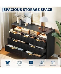 gaomon 7 Drawers Dresser for Bedroom, 54" Wide Dressers with Led Lights and Charging Station, Curved Profile Design, Fluted Wood Handle