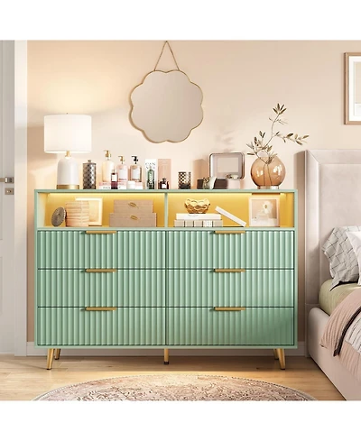 gaomon 6 Drawers Dresser for Bedroom, Dressers with Led Lights and Charging Station, Curved Profile Design, Fluted Wood Handle