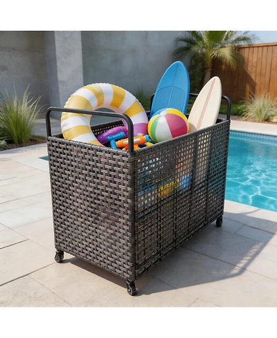gaomon Poolside Rattan Storage Organizer, Outdoor Storage Bin with 2 Sides Handle, Pool Float Storage Holder with Mesh Rolling for Pool Noodles, Toys