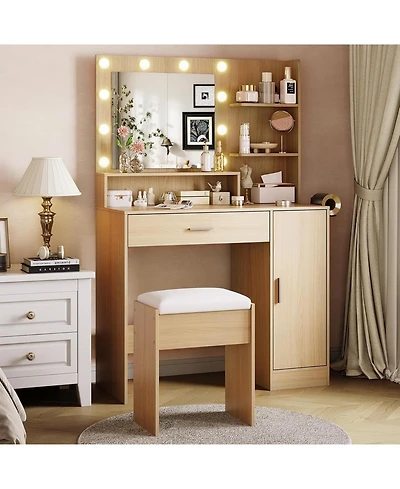 gaomon Modern Vanity Desk with Mirror and Led Lights, Makeup Dressing Table with Power Outlet and Storage Shelves, Vanity Set for Bedroom