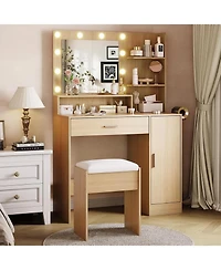 gaomon Modern Vanity Desk with Mirror and Led Lights, Makeup Dressing Table with Power Outlet and Storage Shelves, Vanity Set for Bedroom