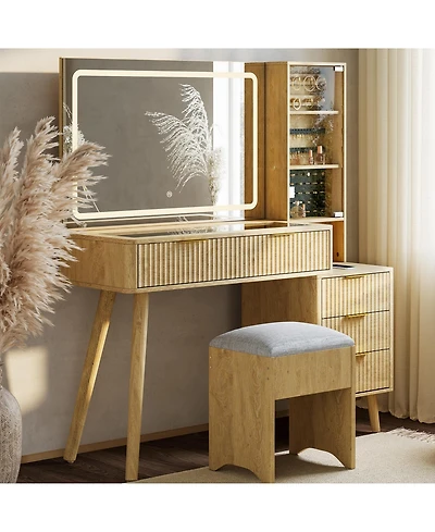 gaomon Vanity Desk with Lighted Mirror, Makeup Charging Station, Glass Top Dressing Table Cushioned Storage Stool for Bedroom