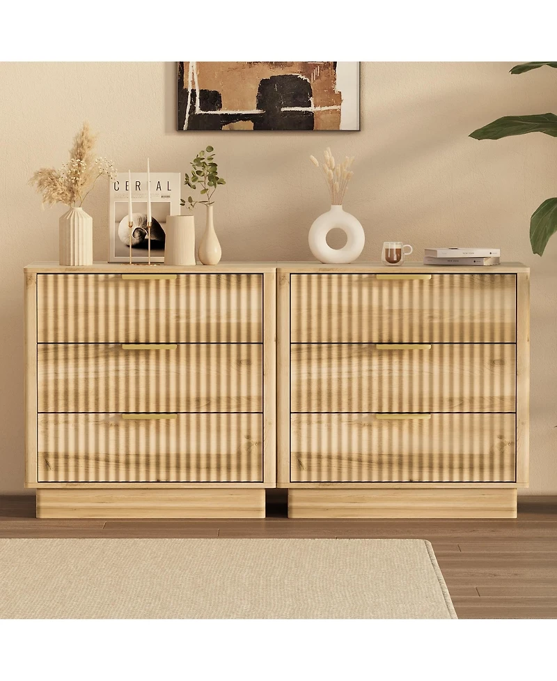 gaomon Fluted Nightstand set of 2, Wood Nightstand with 3 Drawers Storage Bedside Table Large Fluted Bed Side End Table, Modern Nightstand for Bedroom