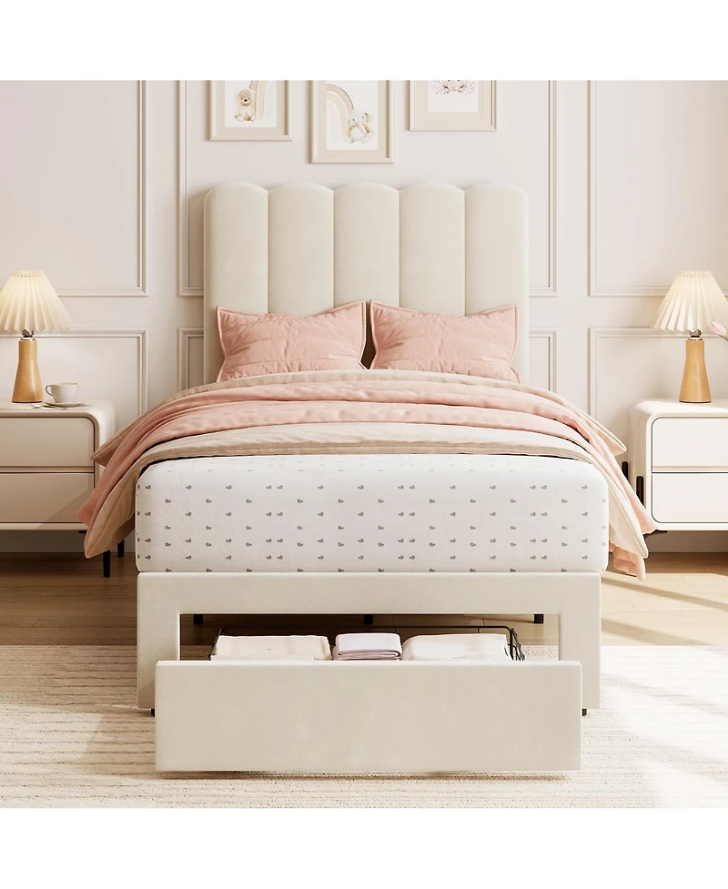 homfan Twin Bed Frame with Under-Bed Drawer, Boucle Upholstered Platform Wave Headboard for Kids/Girls, Wooden Slats Support
