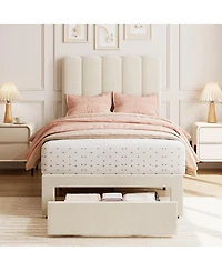 homfan Twin Bed Frame with Under-Bed Drawer, Boucle Upholstered Platform Wave Headboard for Kids/Girls, Wooden Slats Support