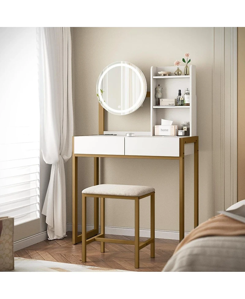 Streamdale Furniture Small Vanity Desk with Led Mirror, Power Outlet, and Stool
