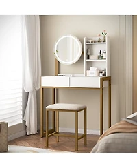 Streamdale Furniture Small Vanity Desk with Led Mirror, Power Outlet, and Stool