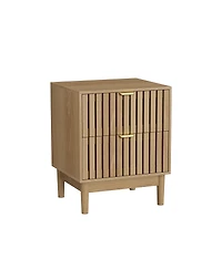 Streamdale Furniture Mid-Modern Oak Bedside Table with Grille Design, 2-Drawer Set