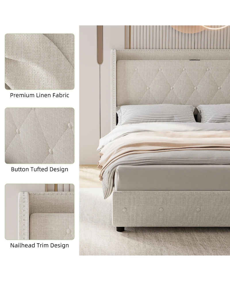 homfan Modern Wingback Upholstered Bed Frame with 4 Storage Drawers, Wooden Slats, Built-in Charging Station