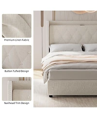 homfan Modern Wingback Upholstered Bed Frame with 4 Storage Drawers, Wooden Slats, Built-in Charging Station