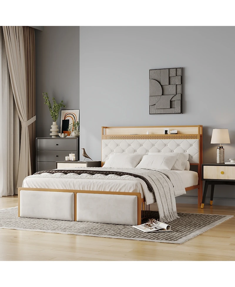 homfan Platform Bed Frame for Kids with Headboard, 2 Storage Drawers, Led Lighting, Usb Ports and Power Outlets, Silent, No Box Spring Needed