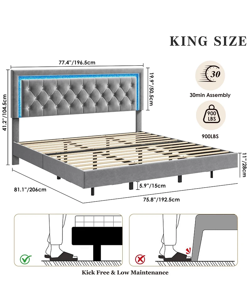 homfan Modern Floating Platform Bed Frame with Diamond Upholstered Headboard, Smart Led Lights, Sturdy Wood Slats