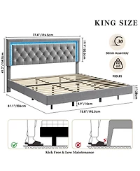 homfan Modern Floating Platform Bed Frame with Diamond Upholstered Headboard, Smart Led Lights, Sturdy Wood Slats