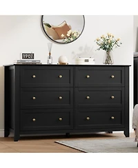 homfan Modern 6-Drawer Wide Dresser Chest with Metal Knobs, Lacquered Finish, Deep Drawer Storage for Bedroom, Entryway or Hallway