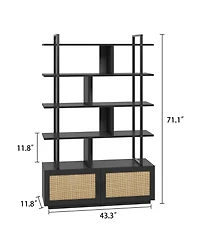 gaomon 5-Tier Tall Rattan Office Bookshelf - 71.1 Inch Industrial Bookcase - Storage Cabinet with Door - Metal Frame, Open Display Shelves