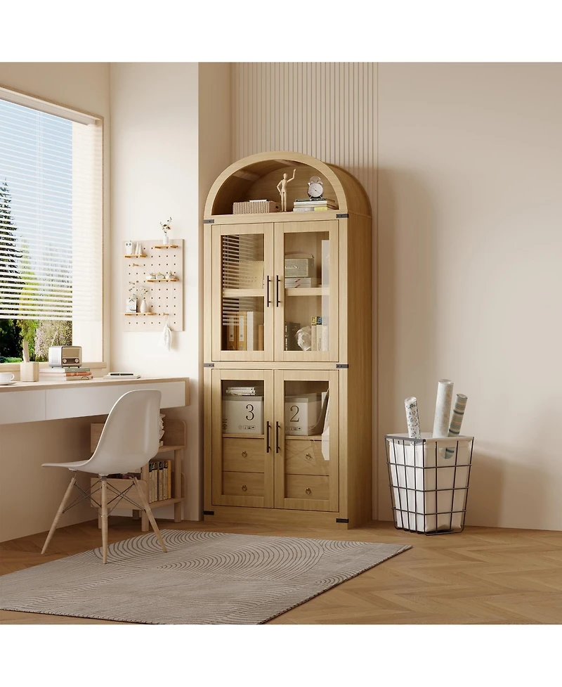 gaomon 71.7 Inch Tall Arched Bookcase, Glass Door Arched Cabinet with 2 Inner Drawers