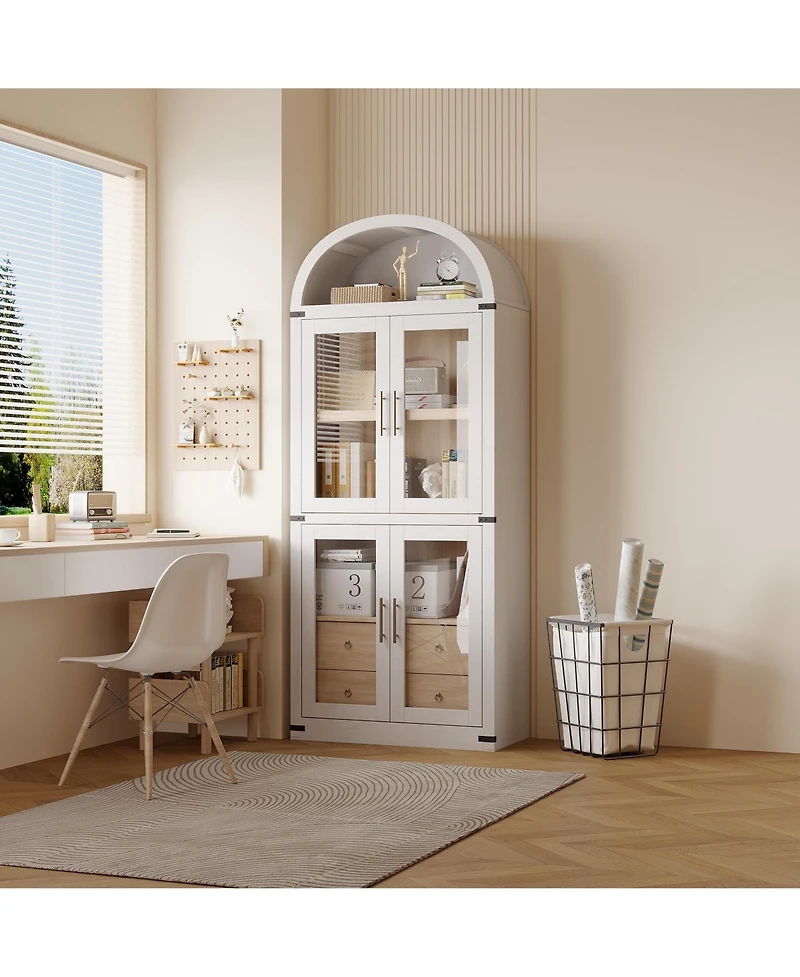 gaomon 71.7 Inch Tall Arched Bookcase, Glass Door Arched Cabinet with 2 Inner Drawers, Freestanding Arched Display Storage Cabinet