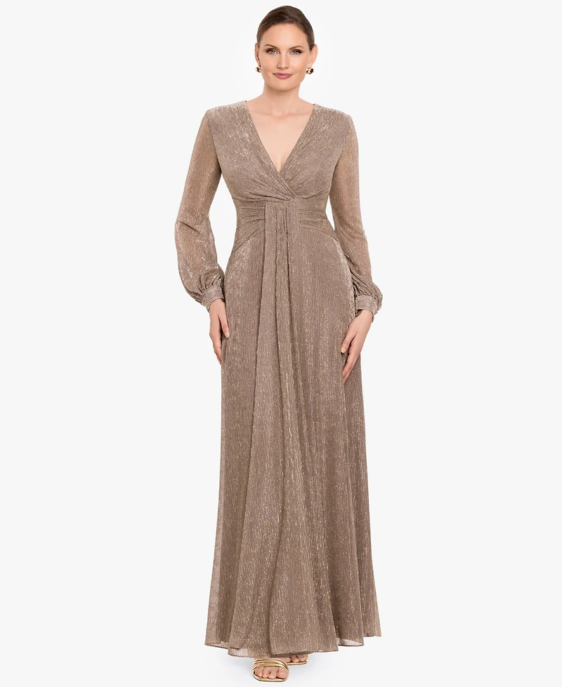 Betsy & Adam Women's Crinkled V-Neck Ball Gown
