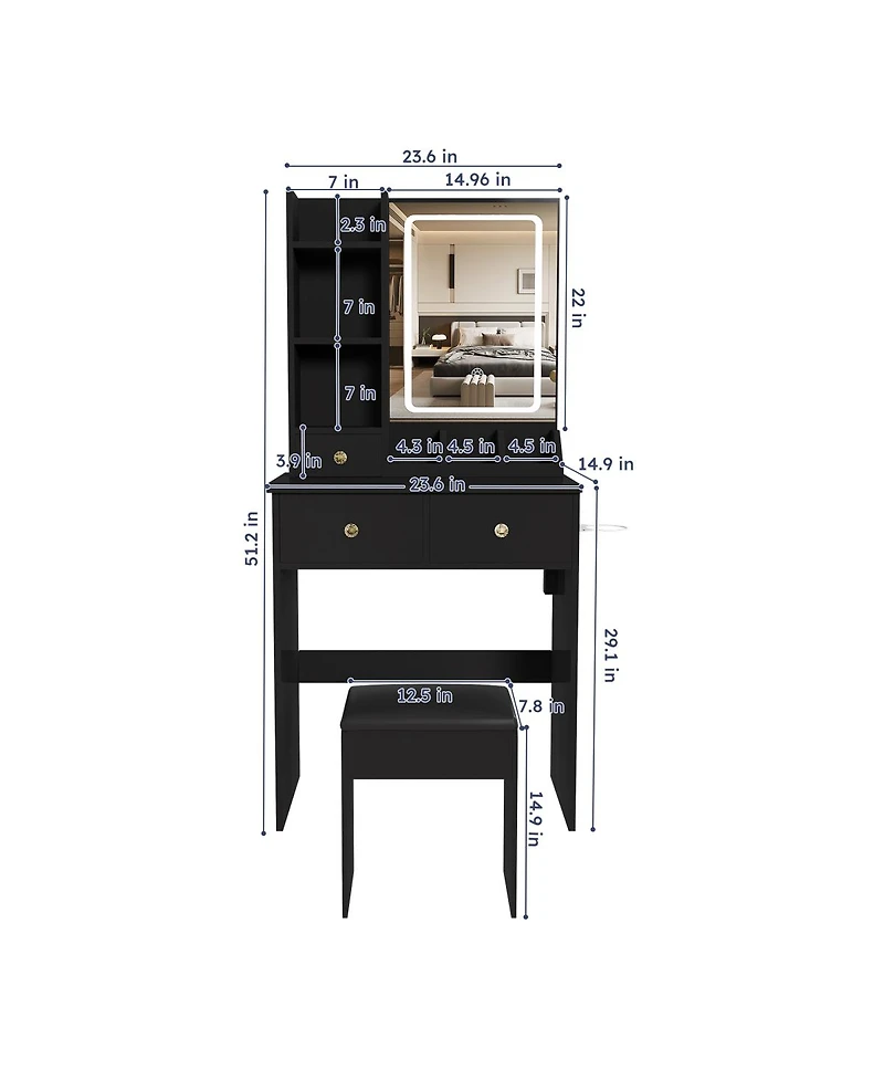Streamdale Furniture Modern Vanity Desk with Led Mirror, 3 Drawers, Storage Shelves and Stool
