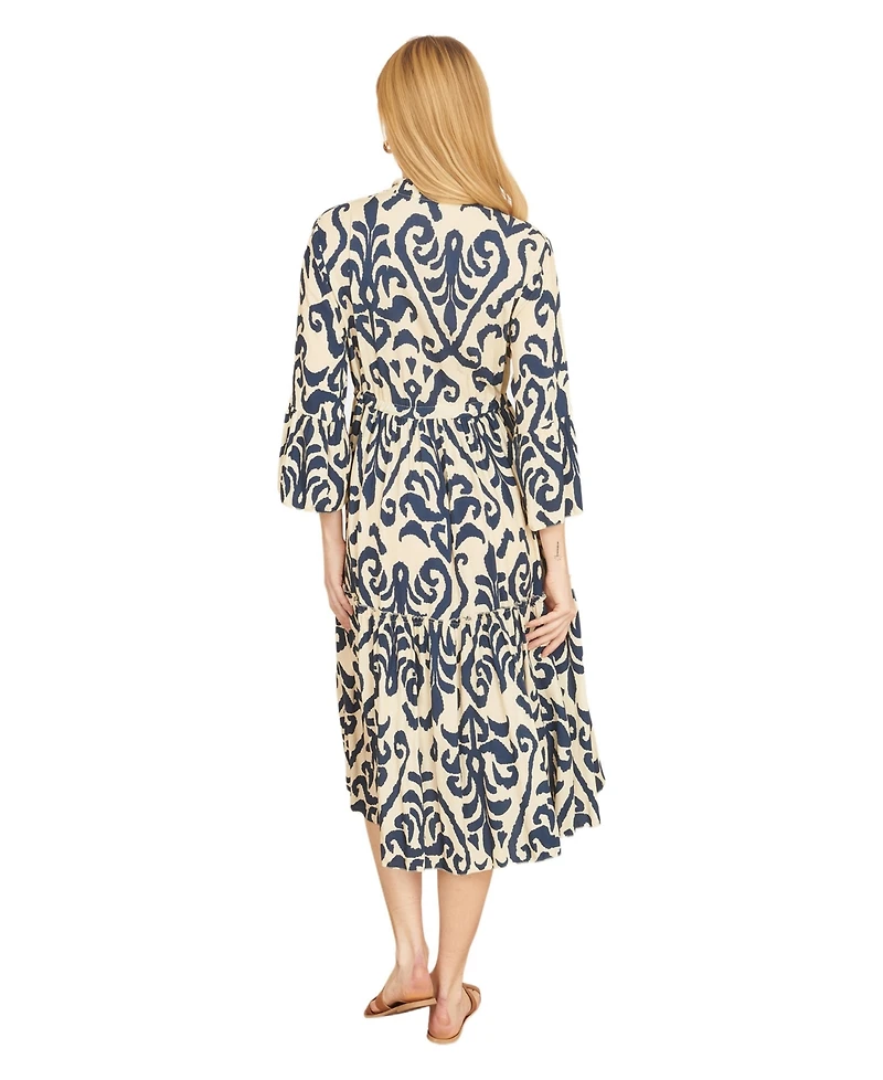 Yumi Women's 3/4 Sleeve Block Print Kaftan Dress